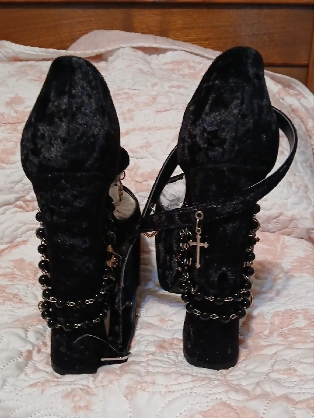 Sugar Thrillz Black Velvet Platform Heel with Heart & Cross Charms